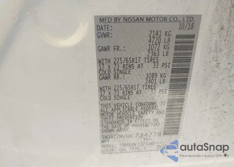 2019 Nissan Rogue S/Sl/Sv z USA, uszkodzony, nr VIN 5N1AT2MV6KC734278